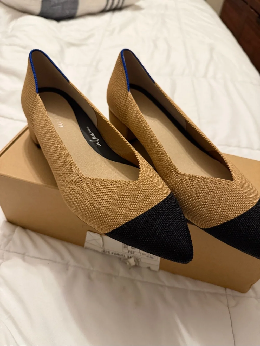 Rothy's Camel Knit Pointed Toe Flats with Black Cap